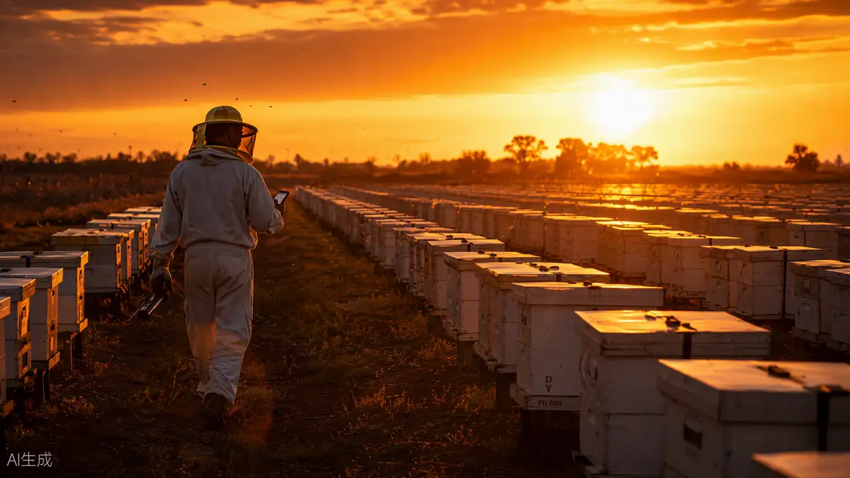 Commercial apiary at sunset