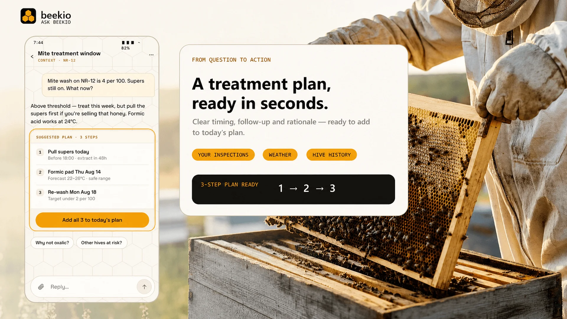 Ask Beekio chat turning a mite-count question into a 3-step treatment plan with timing, then adding it to today's plan