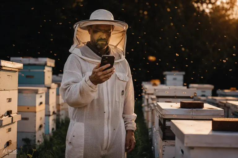 Beekeeper walking rows of hives at sunrise